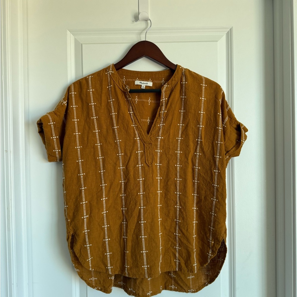 Madewell Mustard Blouse with White Embroidery